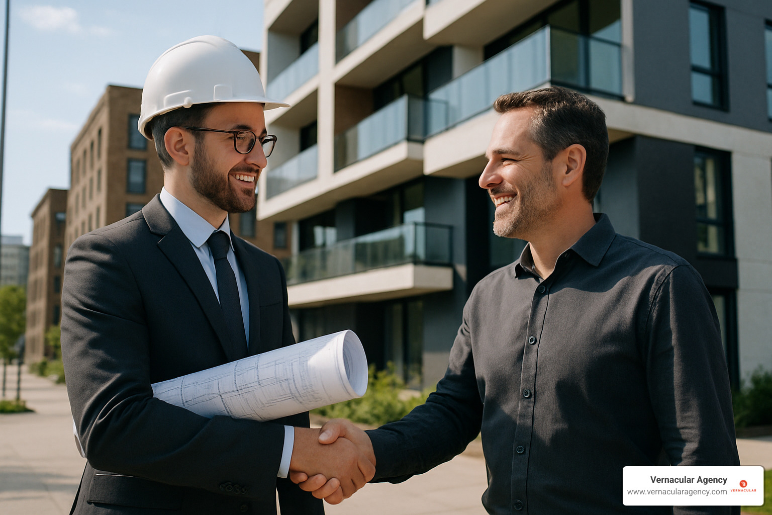 Architect shaking hands with a satisfied client in front of a completed project, representing successful client relationships built through strategic digital marketing - digital marketing for architecture firms