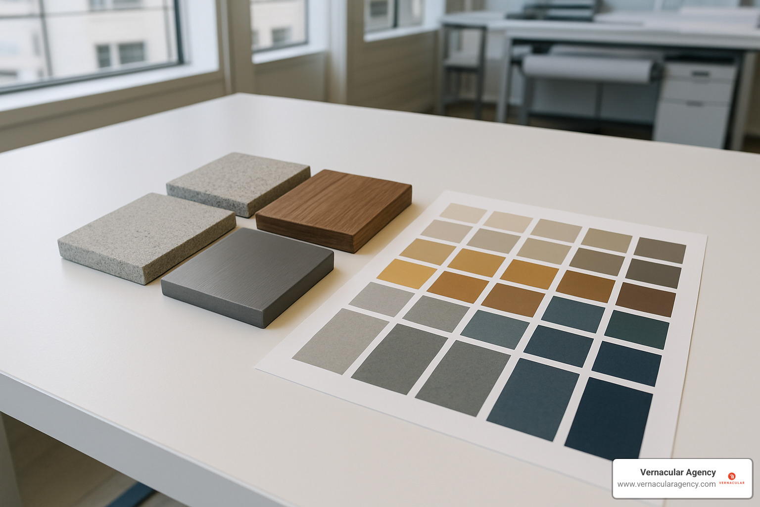 Color palette and material swatches showing how architectural materials inspire brand color choices - architecture firm brand guidelines