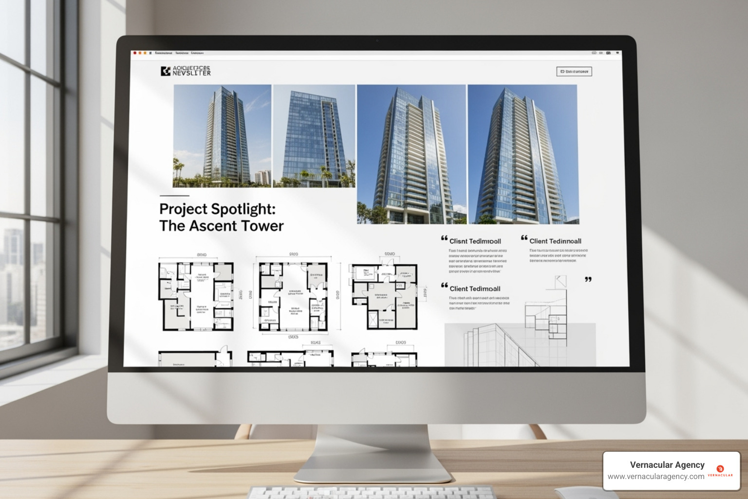 Email showcasing a detailed architectural case study with rich photography, floor plans, and client testimonials - email marketing tool for architect