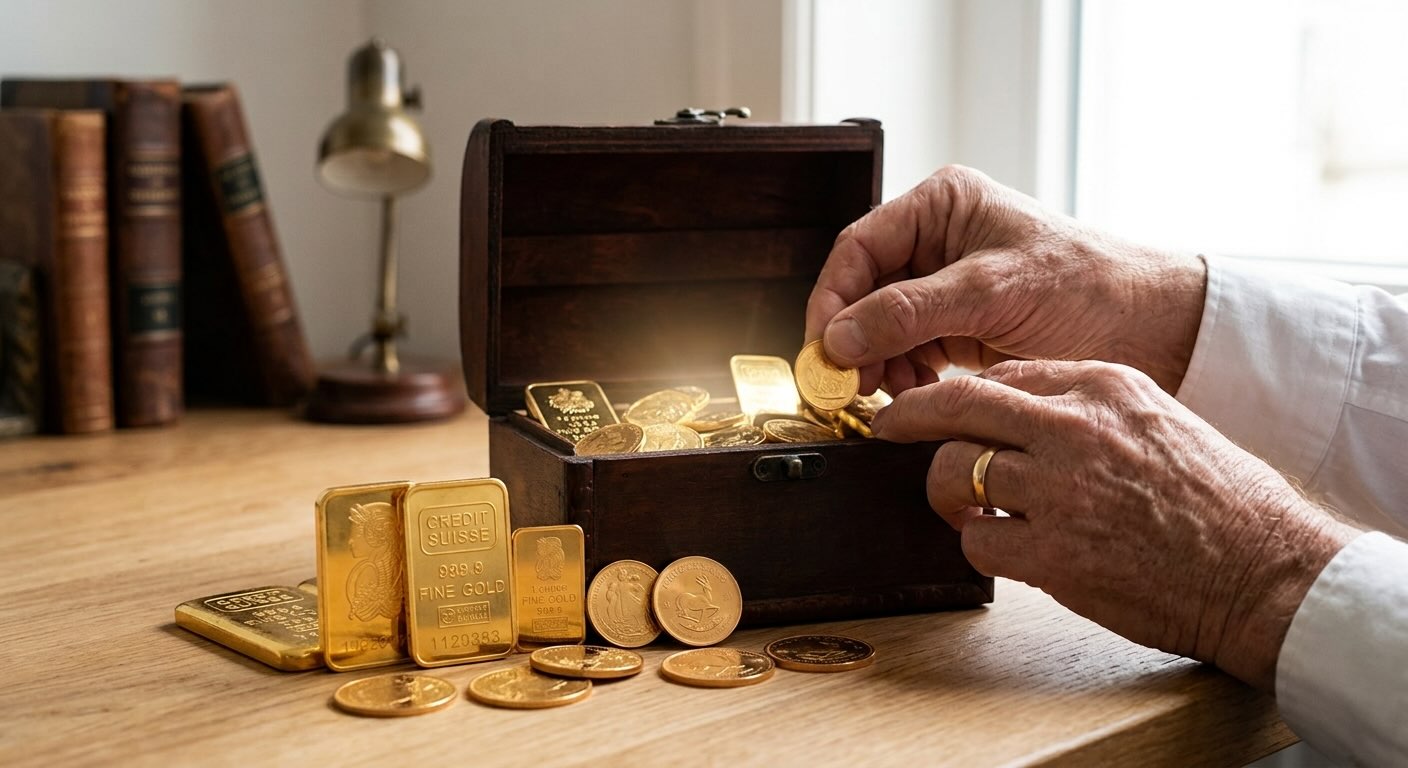 Handen boven een houten kist met goudbaren en gouden munten