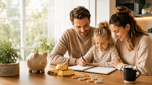 Ouders en dochter aan tafel met een spaarvarken, goudbaren en munten