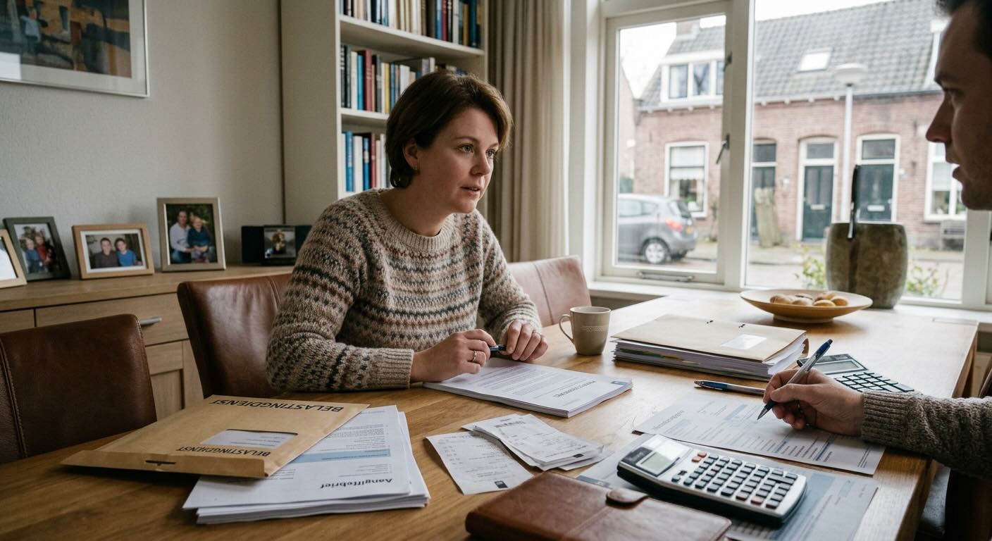 Vrouw doet haar administratie aan tafel met papieren en een rekenmachine
