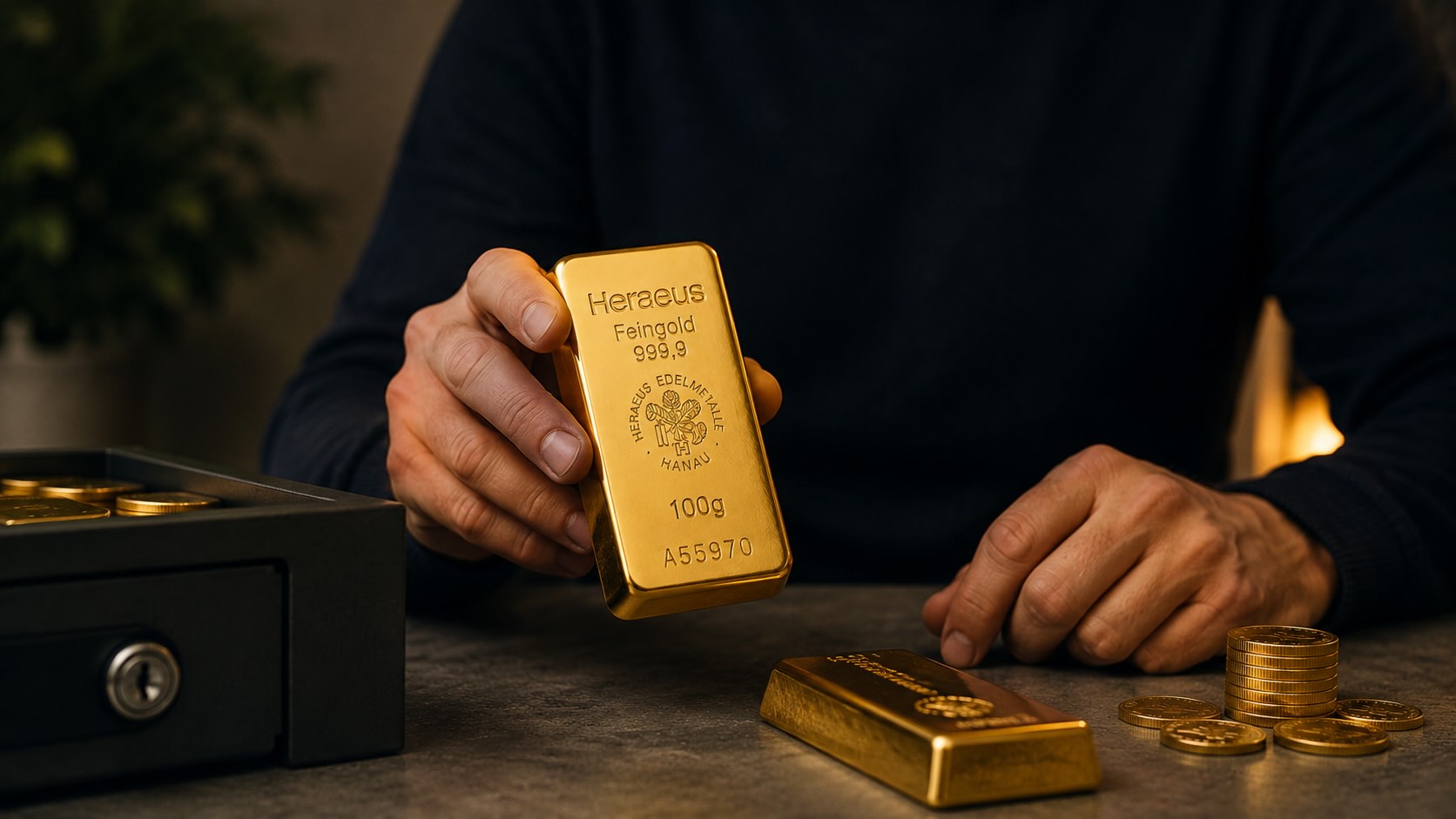 Man houdt een goudbaar van 100 gram vast boven een tafel