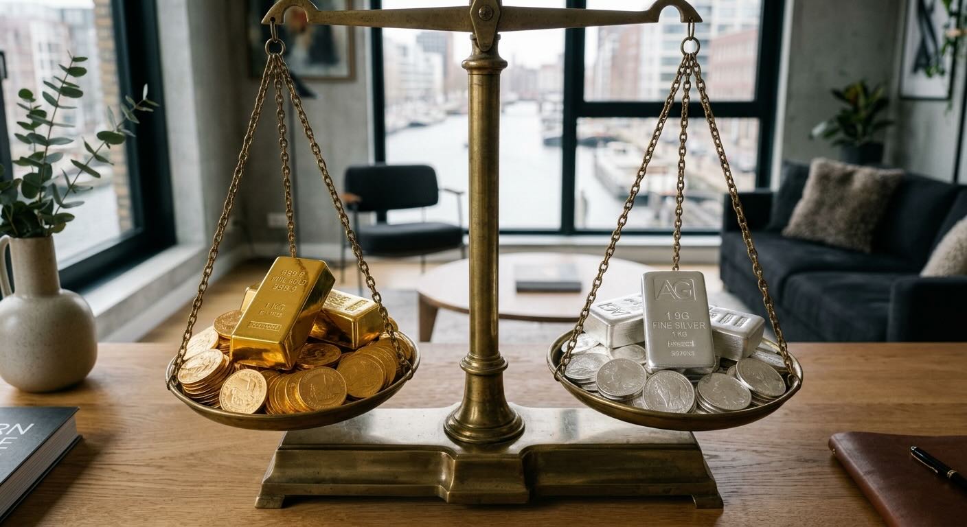 Weegschaal met gouden munten tegenover zilverbaren