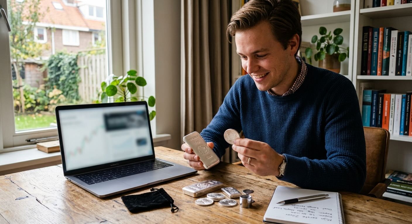 Man bekijkt zilveren munten aan tafel, met een laptop met koersgrafiek ernaast