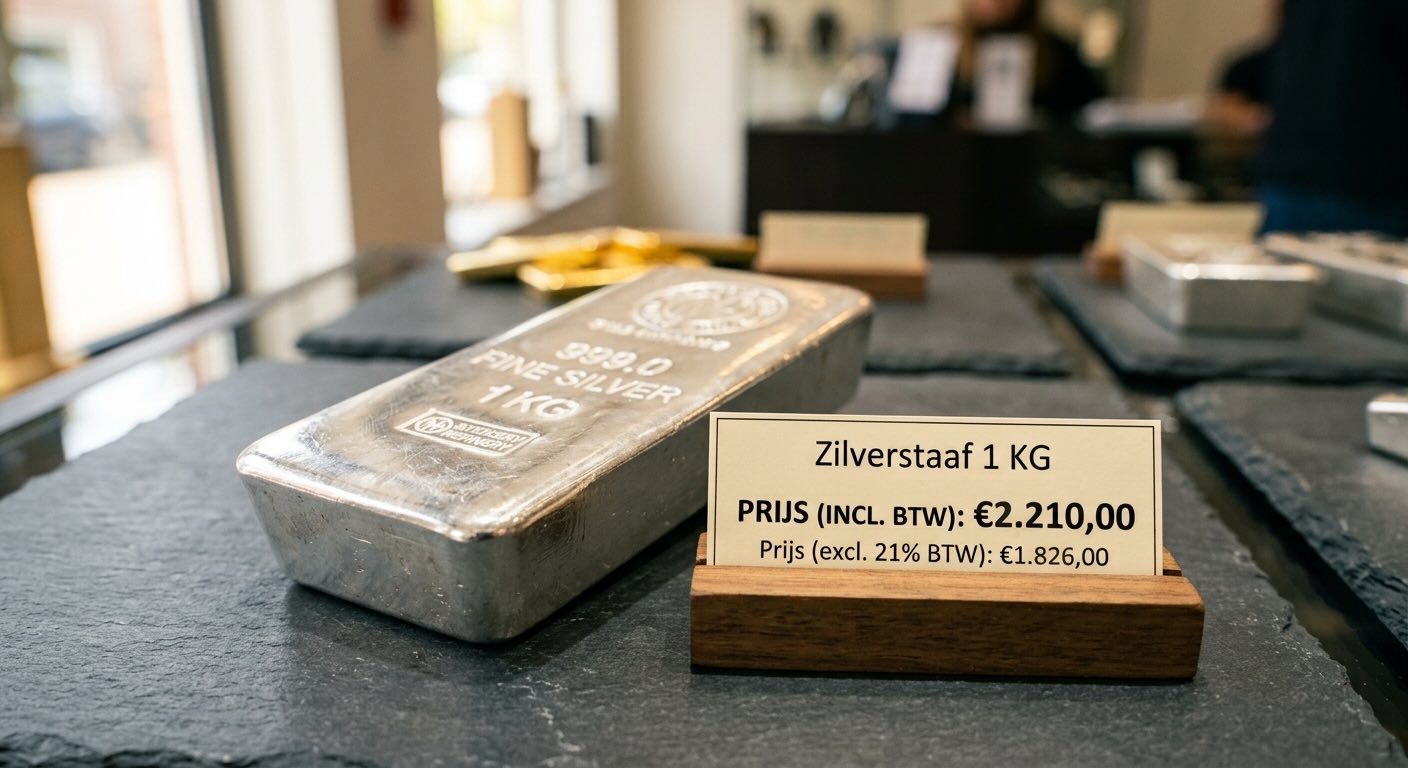 Zilverbaar van 1 kilo met een prijskaartje met de prijs inclusief en exclusief btw