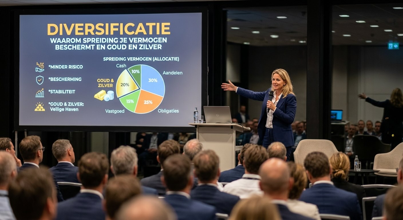 Spreker voor een scherm met een taartdiagram over spreiding van vermogen