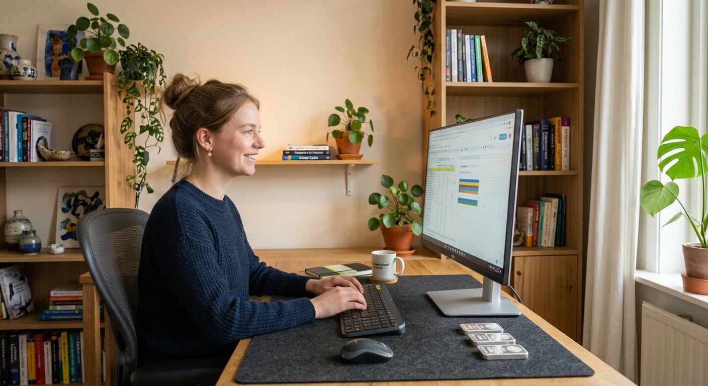 Vrouw achter een computerscherm aan een bureau thuis