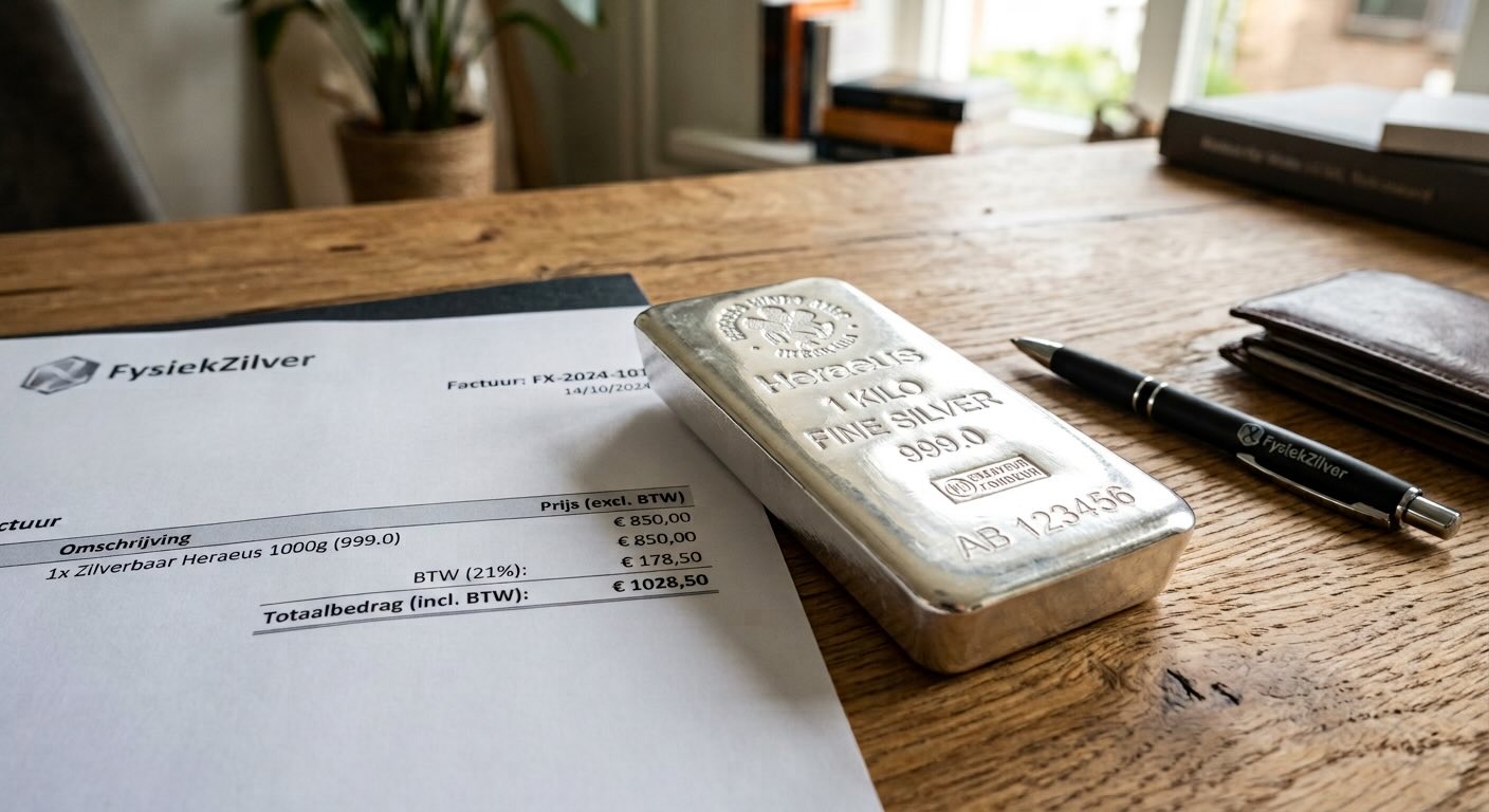 Zilverbaar op een factuur met bedragen, naast een pen