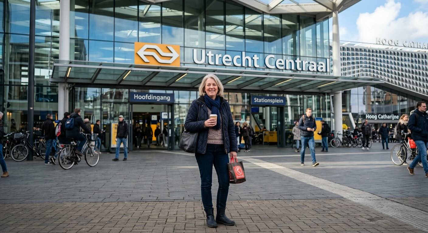 Vrouw voor de ingang van station Utrecht Centraal
