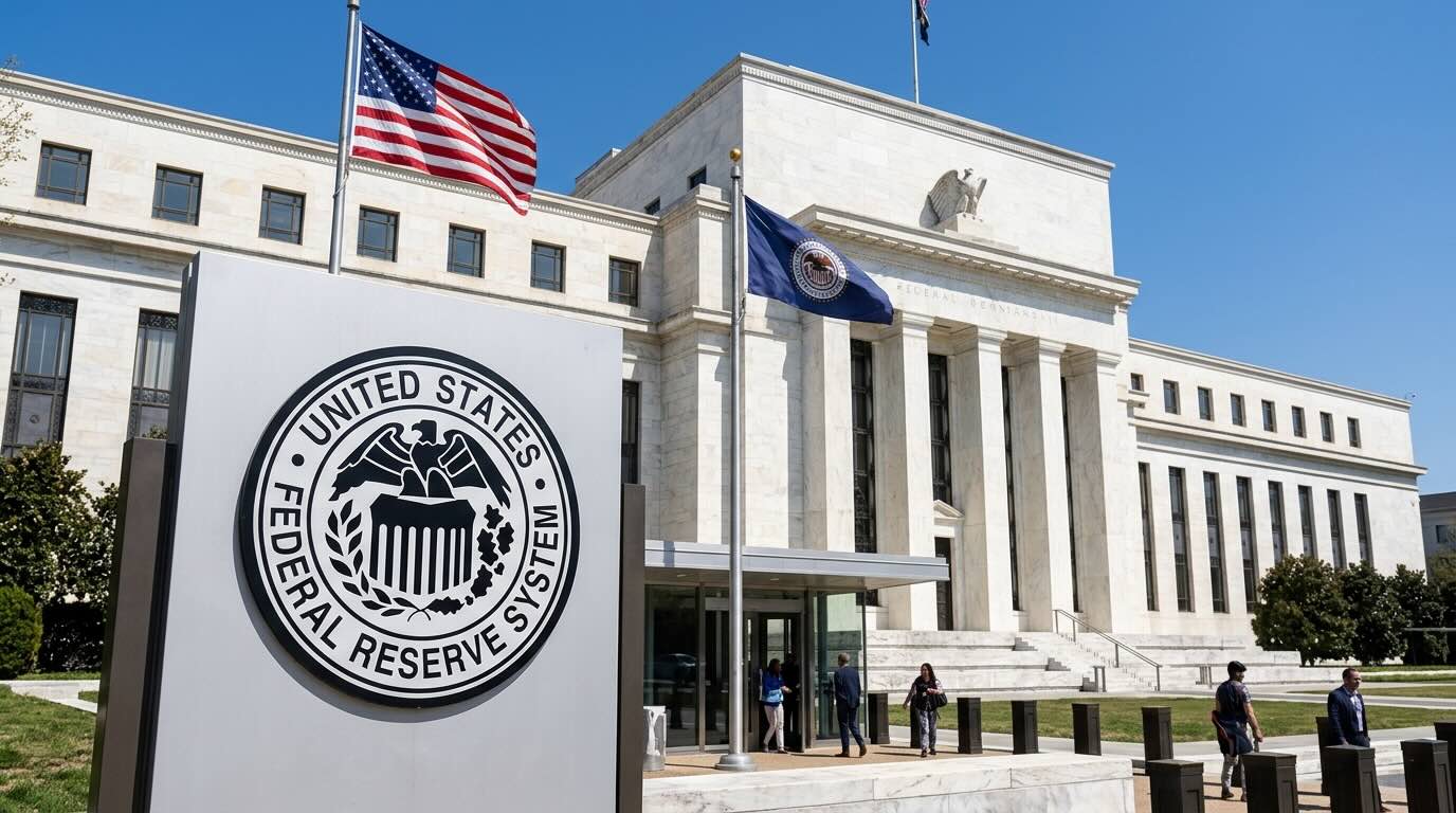 Het gebouw van de Amerikaanse Federal Reserve met de Amerikaanse vlag
