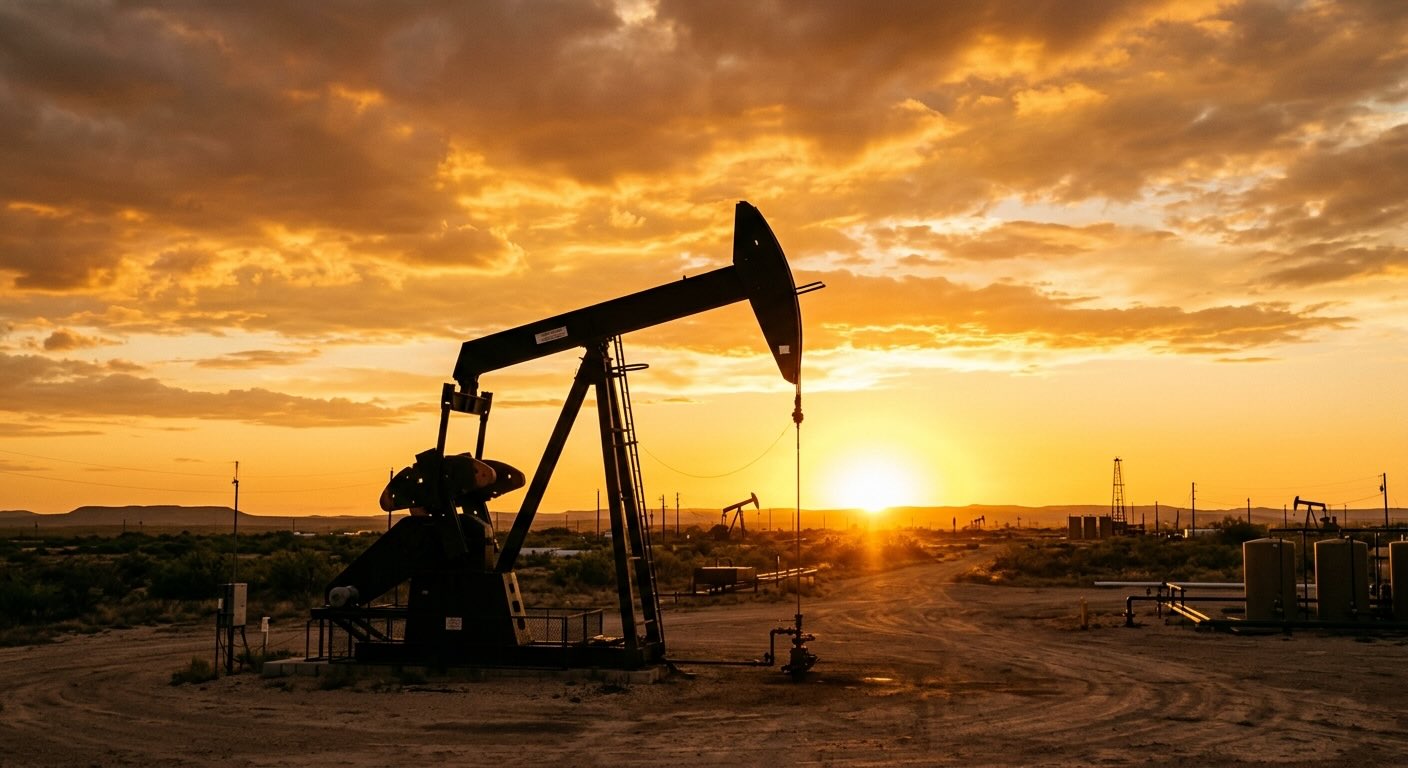 Oliepomp bij goud gekleurde zonsondergang