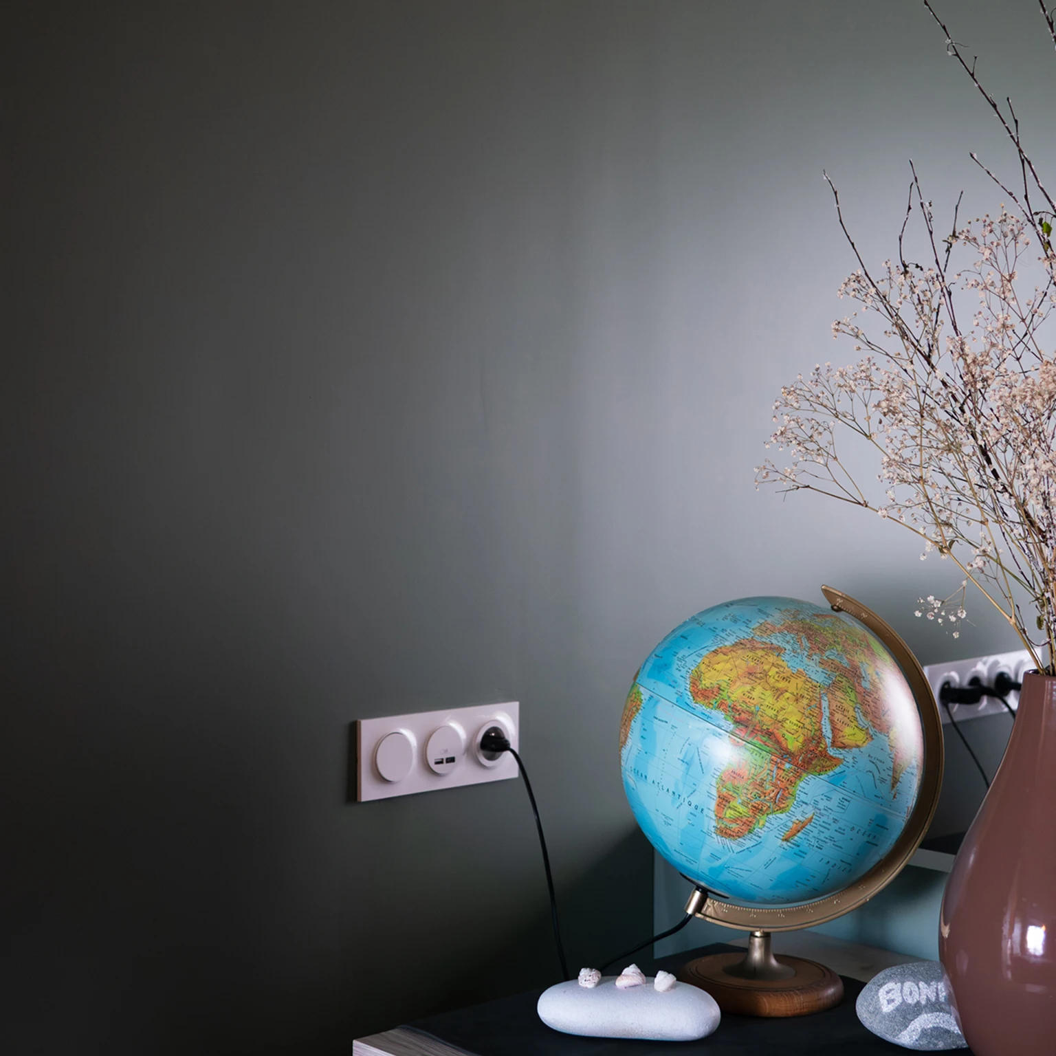 Mur gris anthracite avec globe terrestre et branches fleuries