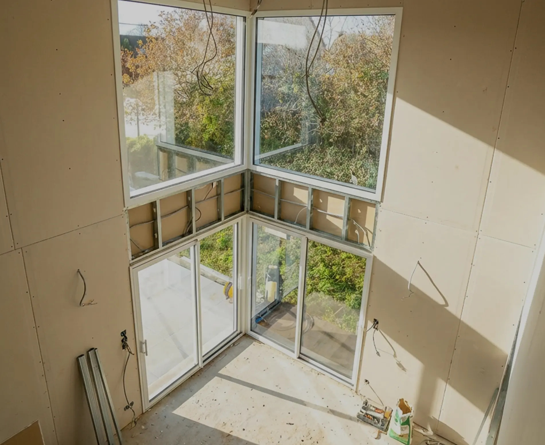 Pièce double hauteur avant peinture dans une maison neuve à Milizac