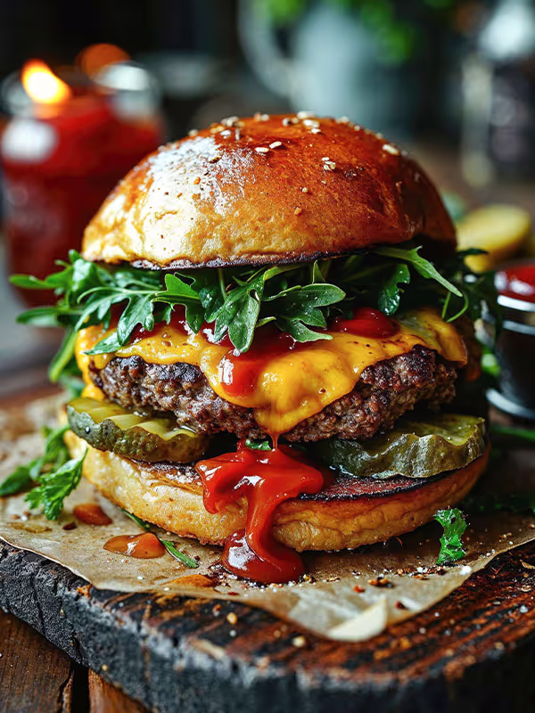 Juicy cheeseburger with cheddar, pickles, arugula, and ketchup on a toasted bun.
