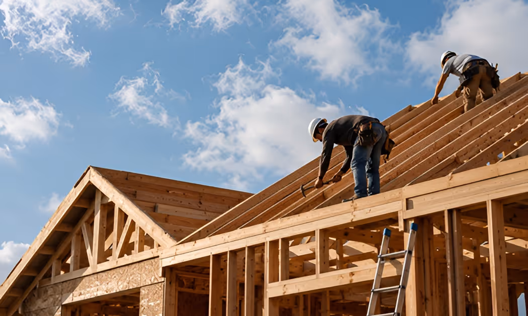 Two construction workers with helmets building a wooden roof frame under a blue sky
