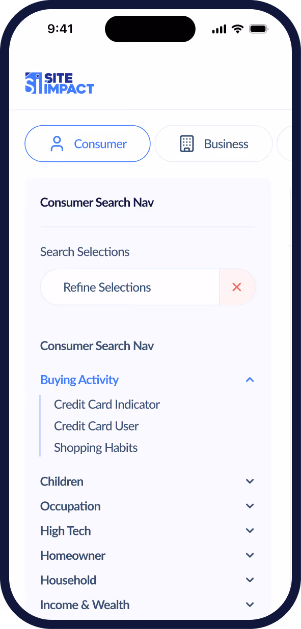 Mobile screen of Site Impact Consumer Search Nav showing buying activity options and filter refinement.