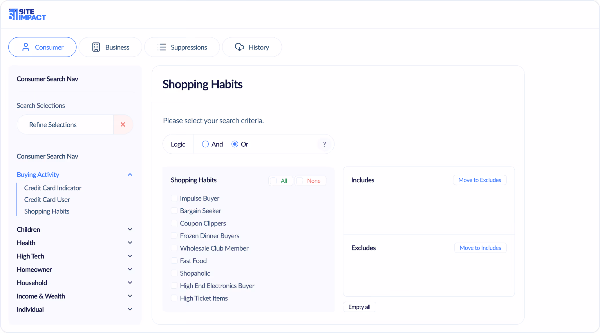 Shopping Habits search page with options to select buying behaviors and include or exclude criteria.