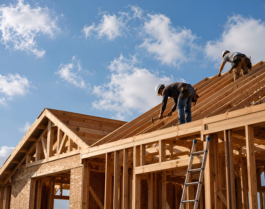 Two construction workers wearing helmets building wooden roof framing under a blue sky with clouds.