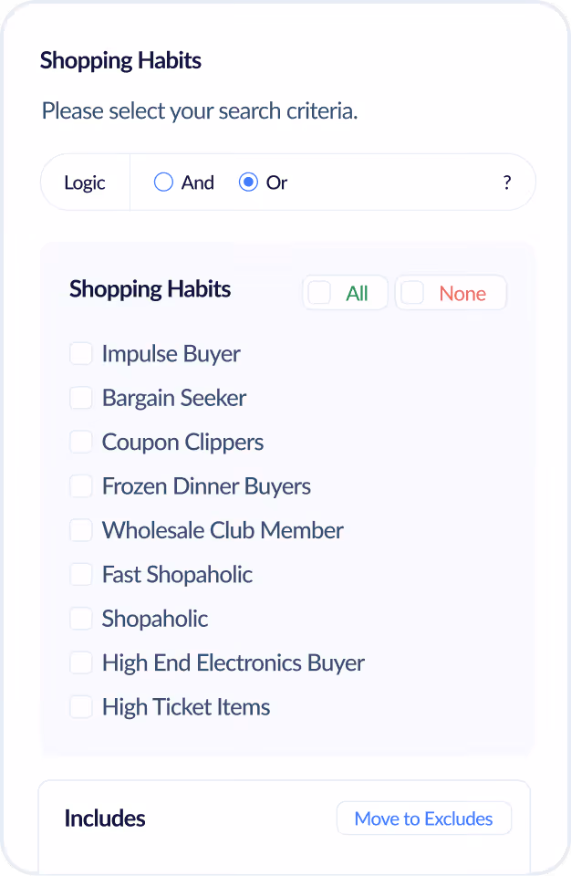 Shopping habits filter with options like impulse buyer, bargain seeker, coupon clippers, and more checkboxes.