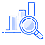 Magnifying glass zooming in on three blue vertical bars of different heights.