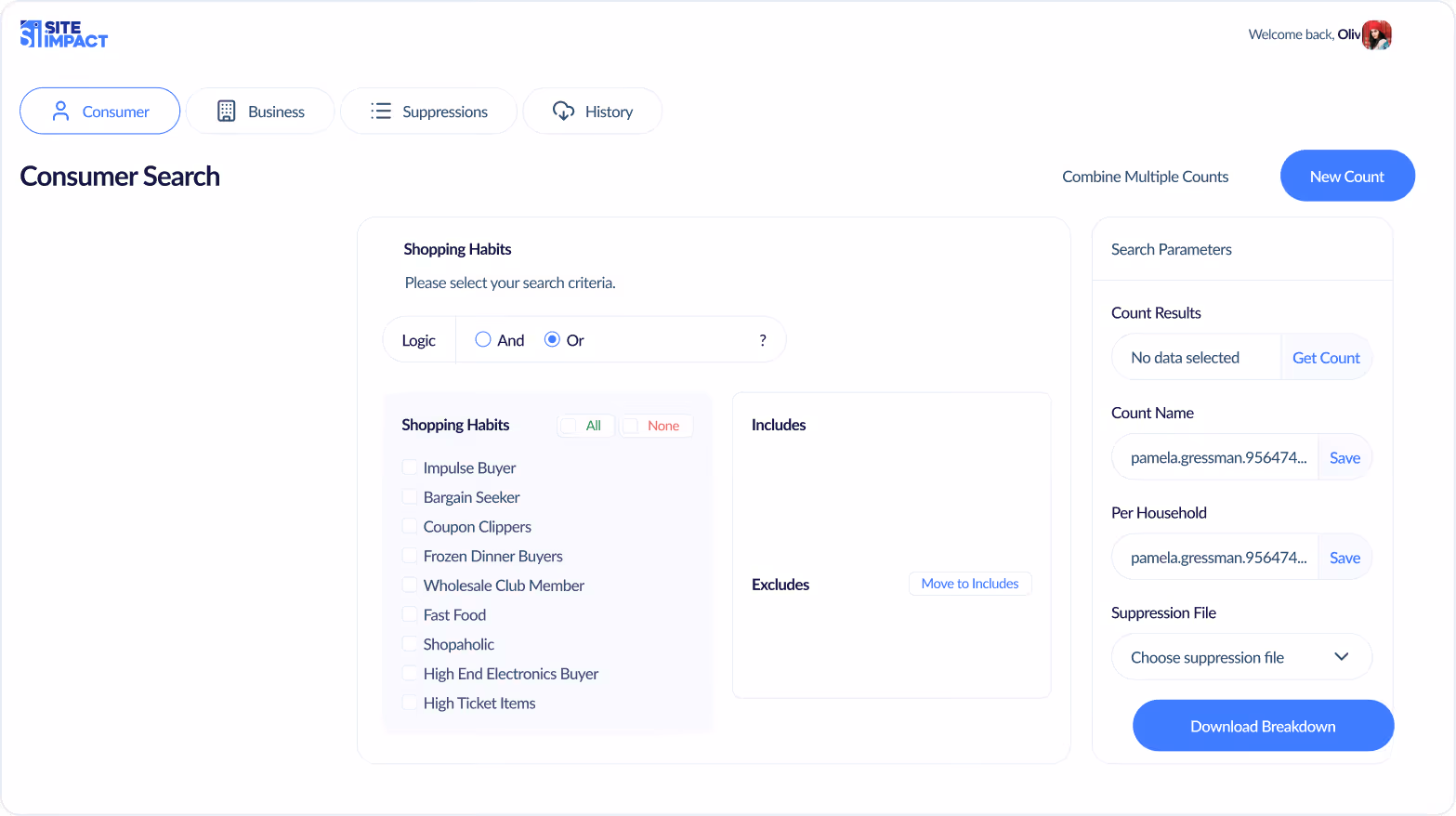Site Impact Consumer Search screen with shopping habits filters and count results options visible.