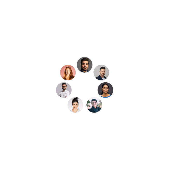 Circular layout of seven diverse headshots of professionals with various backgrounds and expressions.