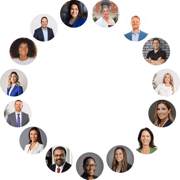 Headshots of fifteen diverse professionals arranged in a circle on a white background.