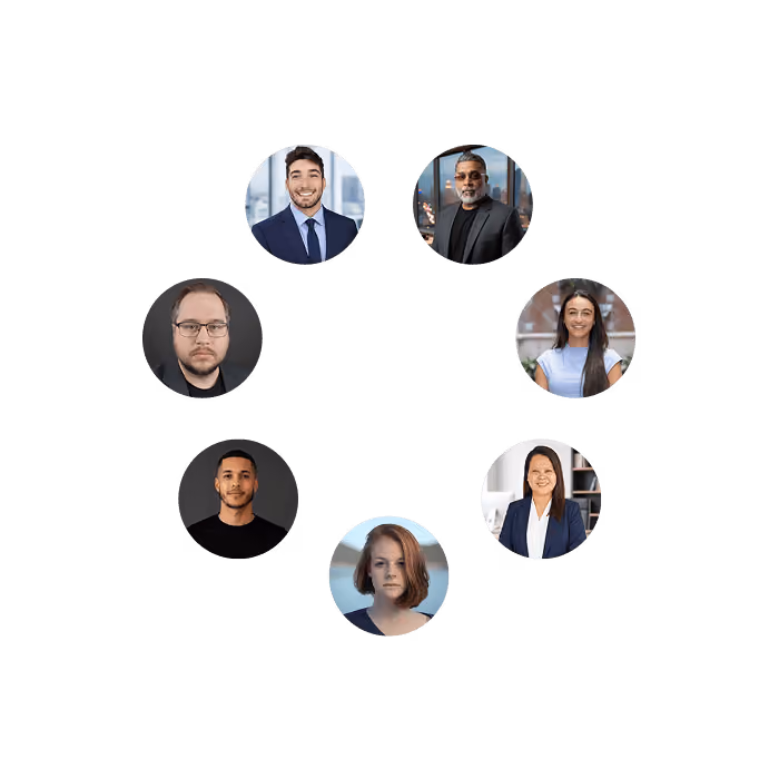 Seven diverse professionals in circular headshots arranged around a VEERC Impact Team logo.