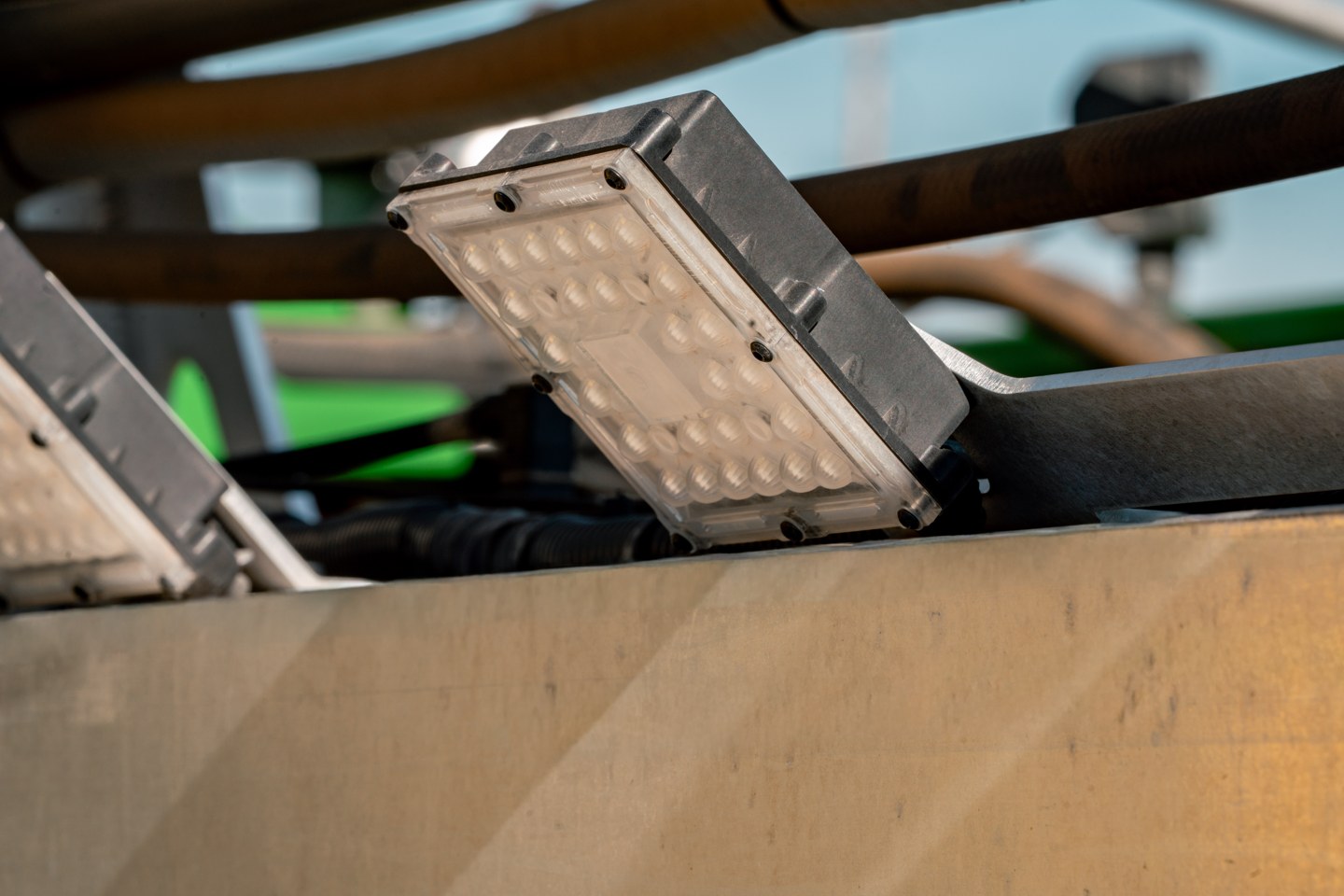 A Greeneye LED light unit mounted on the boom