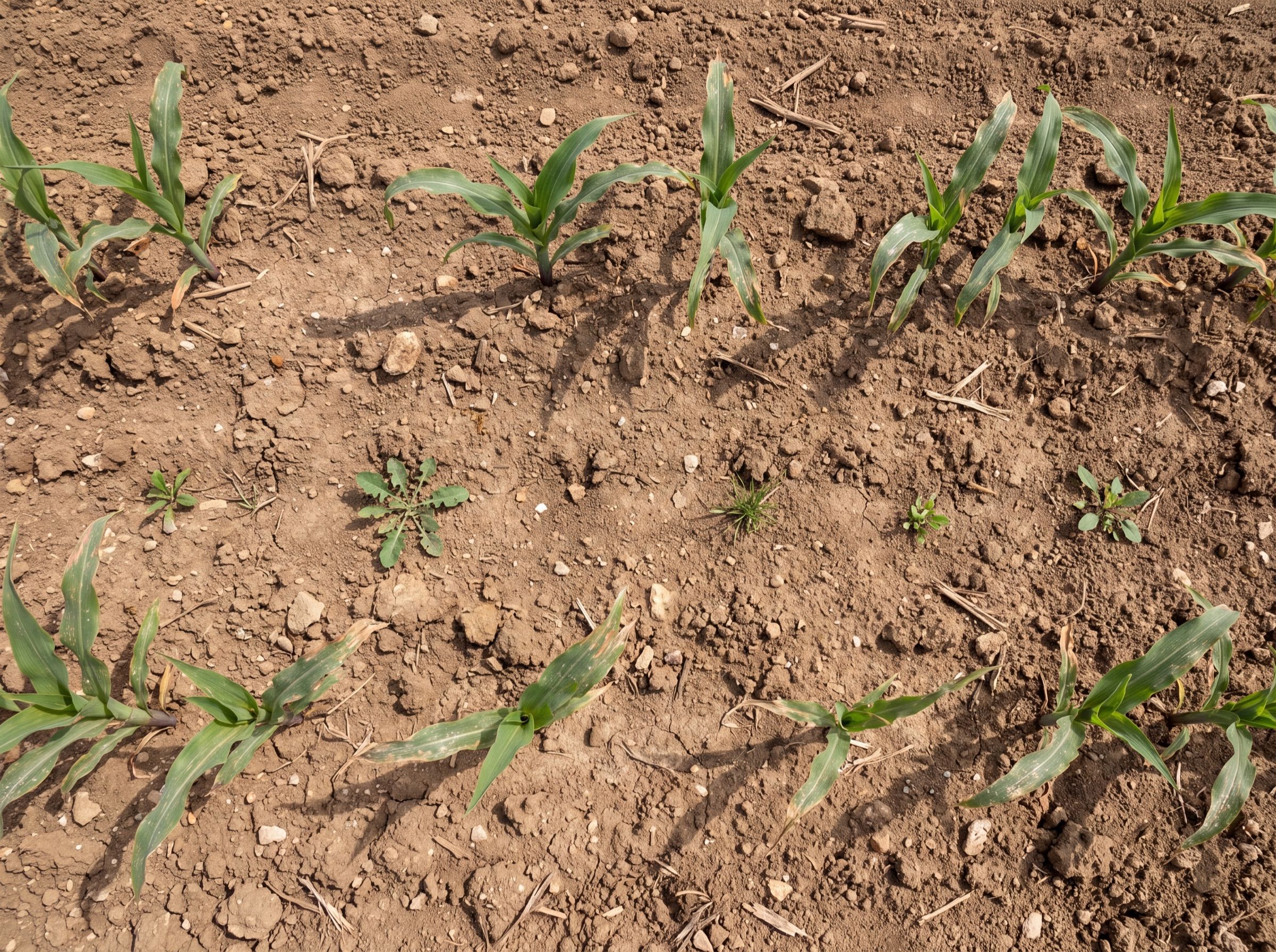 Young corn plants emerging in rows of bare soil