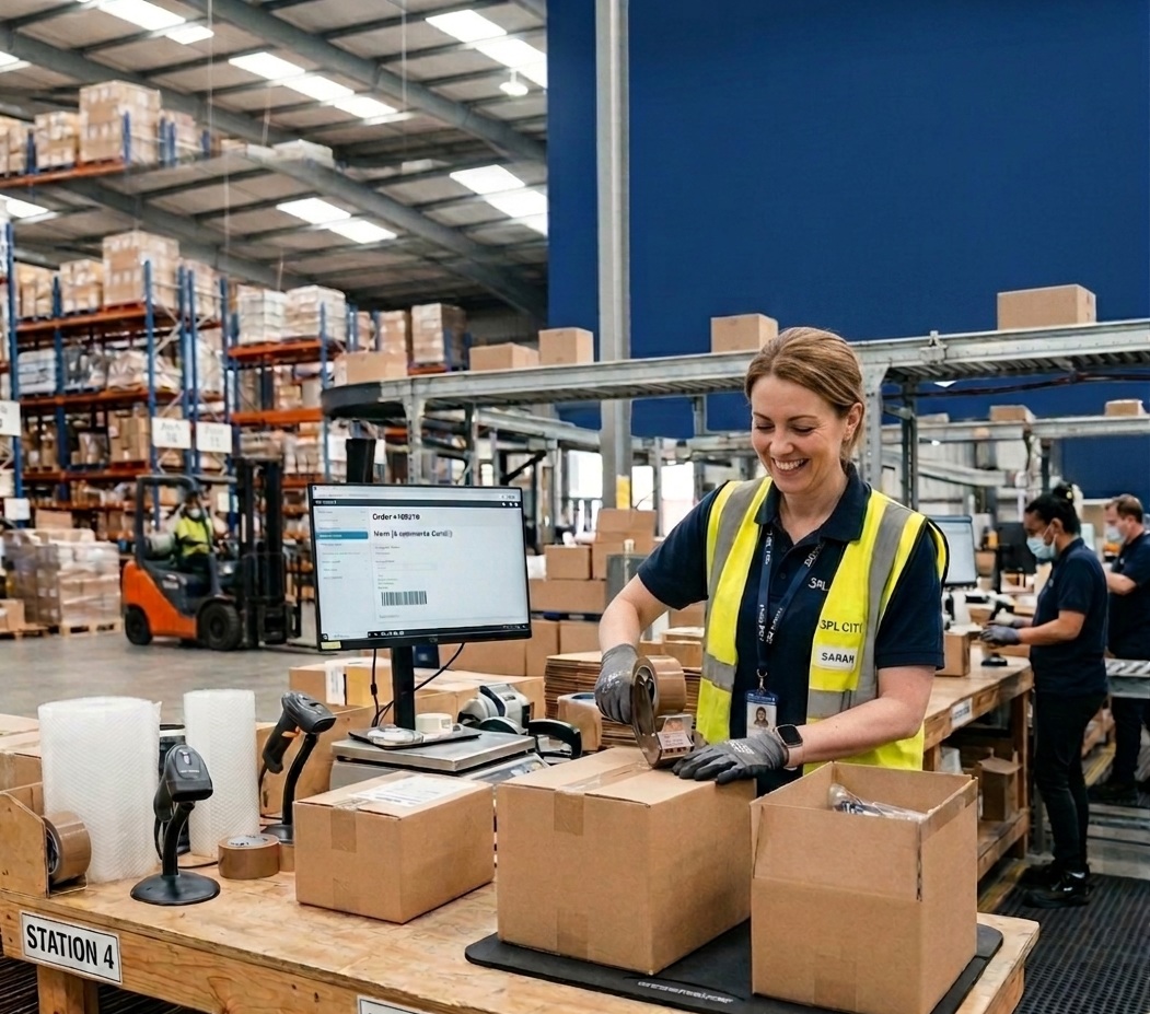 Smiling 3PLCity packing associate sealing a DTC order with tape at Packing Bay Station 4, with a barcode scanner, scale, and order screen visible at the workstation