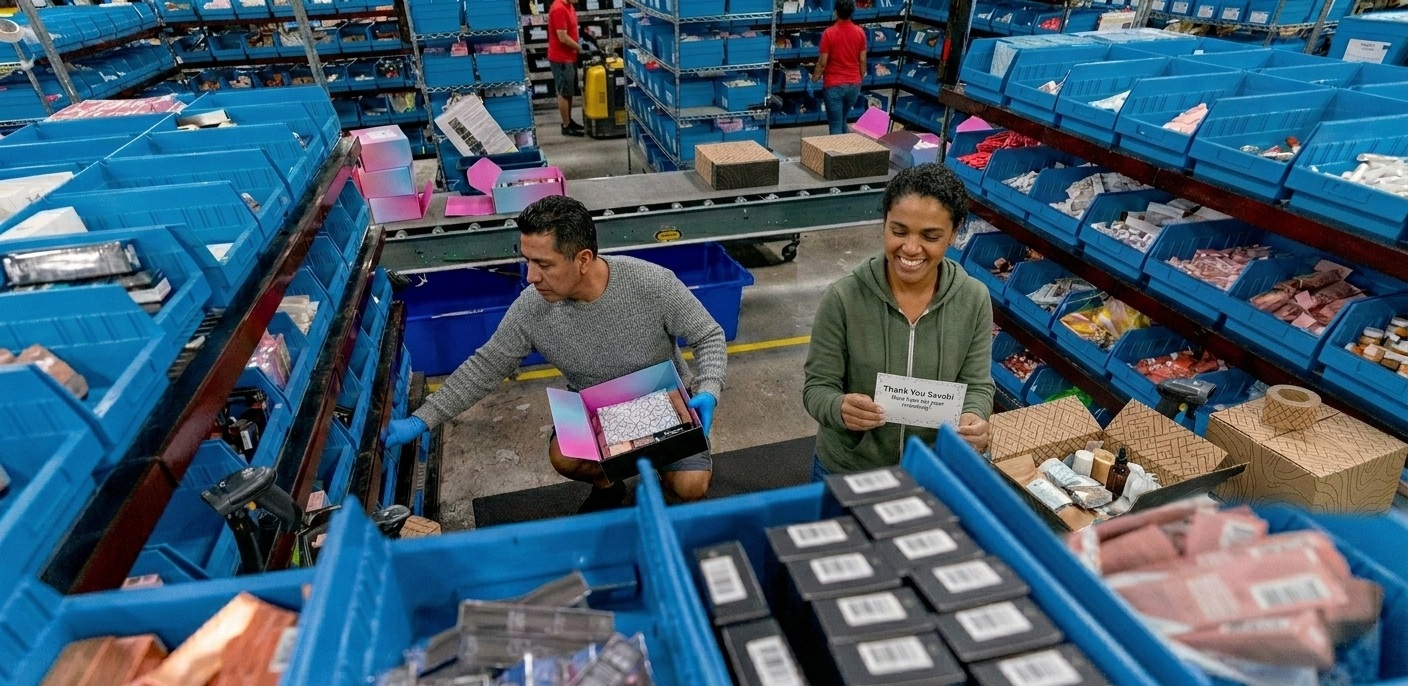 Two warehouse workers assembling curated subscription boxes in a fulfillment center with blue picking bins and a conveyor system.
