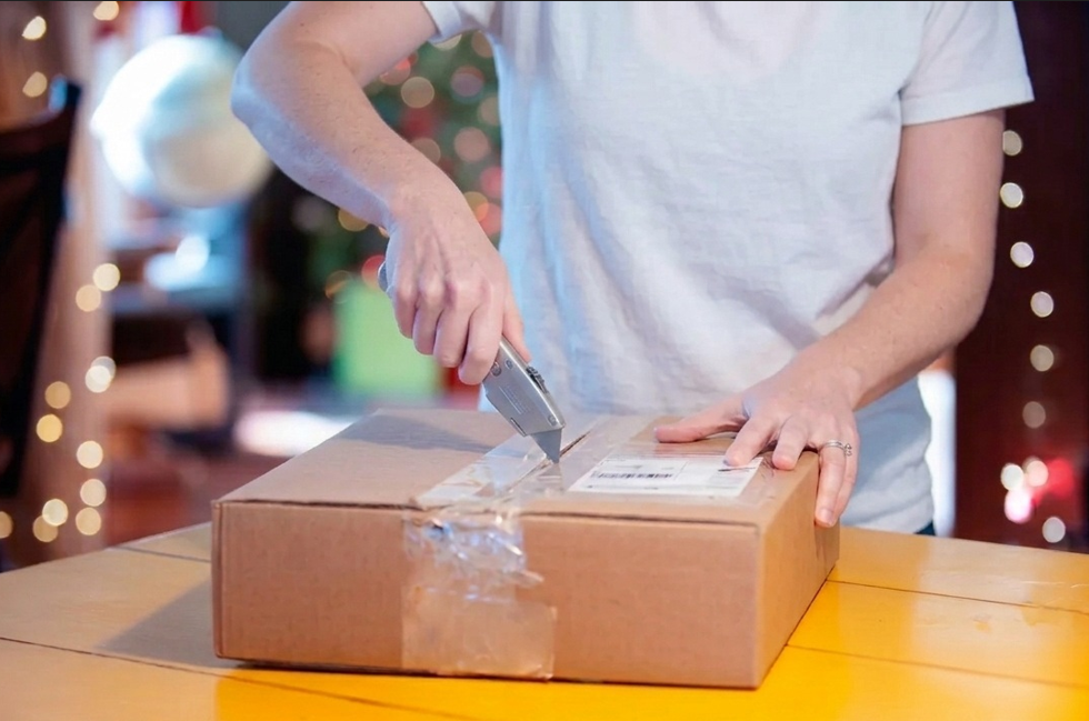 Customer using a box cutter to open a sealed shipping box on a yellow table during the holiday season, preparing to initiate a return through a branded RMA portal.