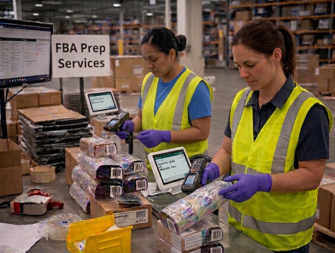3PLCity warehouse staff applying FNSKU labels and scan-verifying inventory at an FBA Prep Services station, with poly-bagged products and shipment plan screens visible at the workstation.