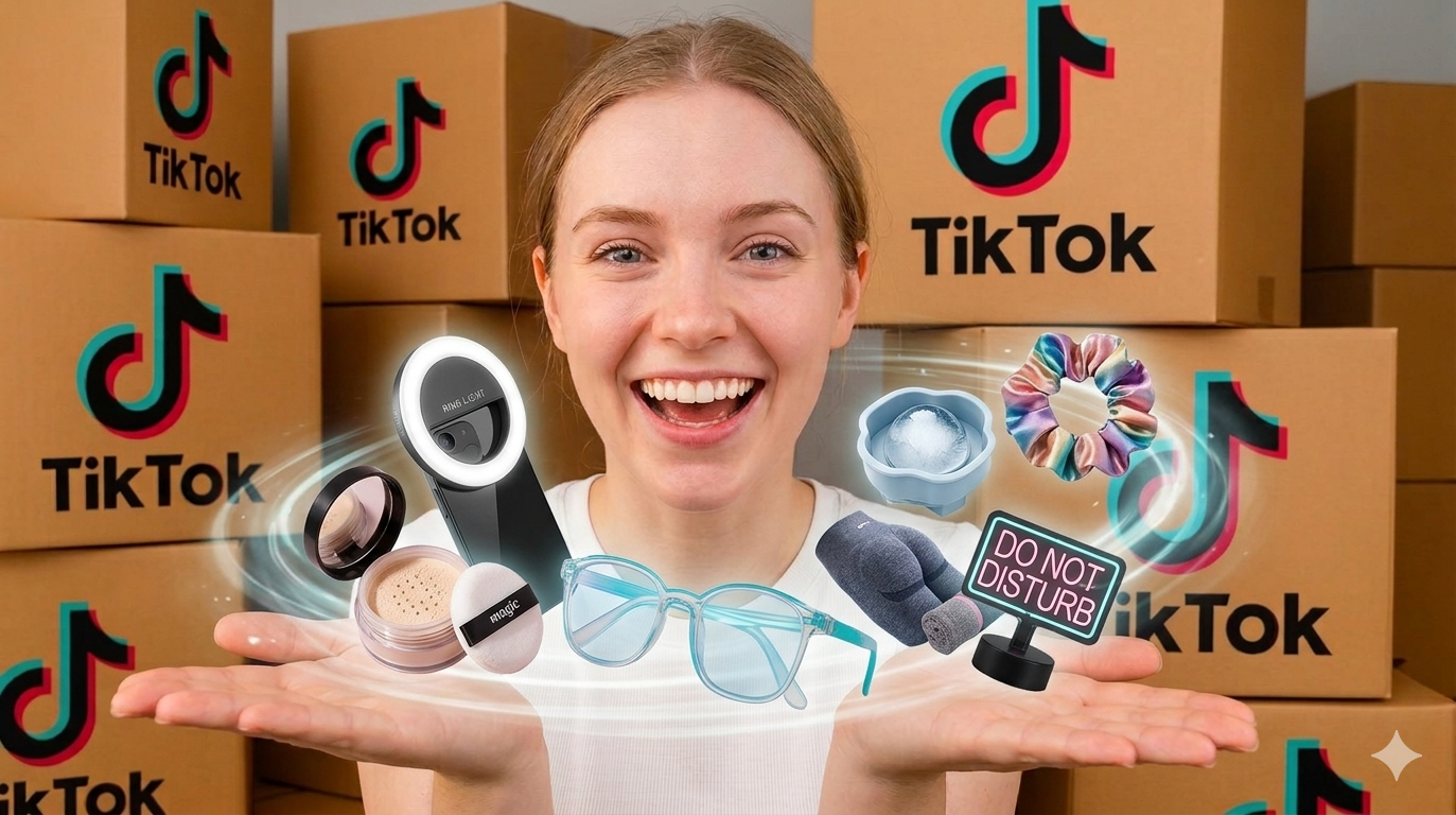 TikTok Shop creator showcasing trending viral products including beauty, accessories, and home goods with TikTok-branded shipping boxes stacked behind, illustrating viral DTC ecommerce fulfillment.