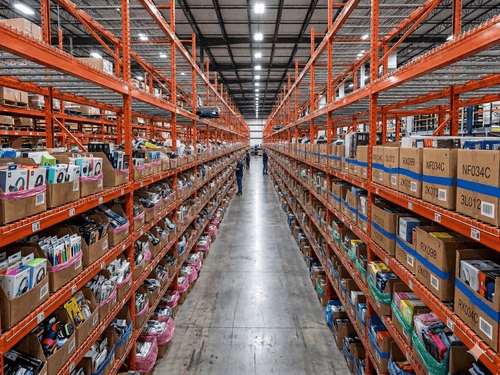 Wide warehouse aisle inside a 3PLCity fulfillment center showing tall orange pallet racks stocked with SKU-labeled boxes and bin-stored apparel and consumer products organized by location code.