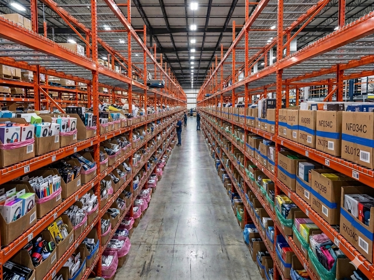 Wide warehouse aisle inside a 3PLCity fulfillment center showing tall orange pallet racks stocked with SKU-labeled boxes and bin-stored apparel and consumer products organized by location code.