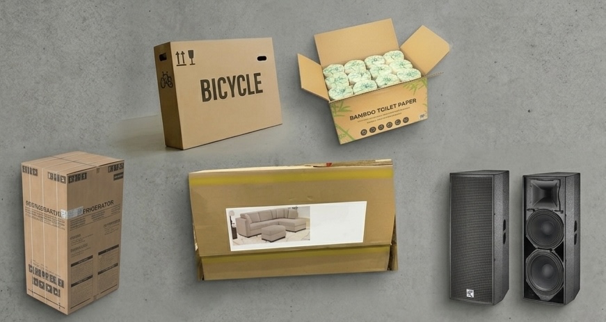 Examples of big and heavy products fulfilled by 3PLCity including bicycle, refrigerator, sectional sofa, bamboo toilet paper bulk pack, and large speakers in shipping packaging.