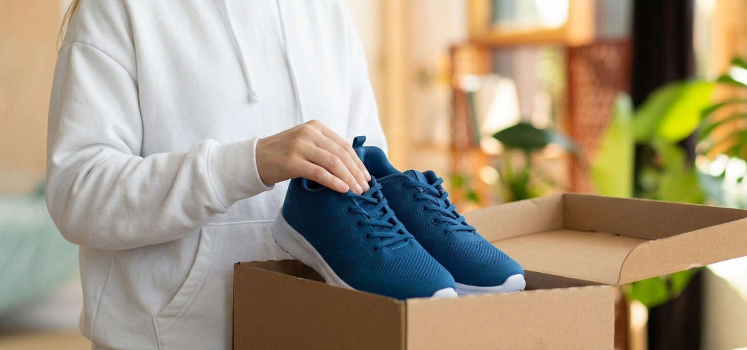 A fulfillment specialist in a white hoodie carefully packing a pair of blue athletic sneakers into a branded shipping box, demonstrating high-quality footwear fulfillment and specialized apparel handling.