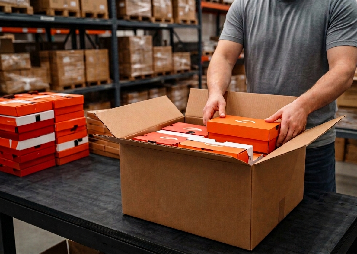 A warehouse team member carefully organizing orange footwear boxes into a large shipping carton on a black packing station, highlighting professional bulk footwear fulfillment and multi-unit order accuracy.