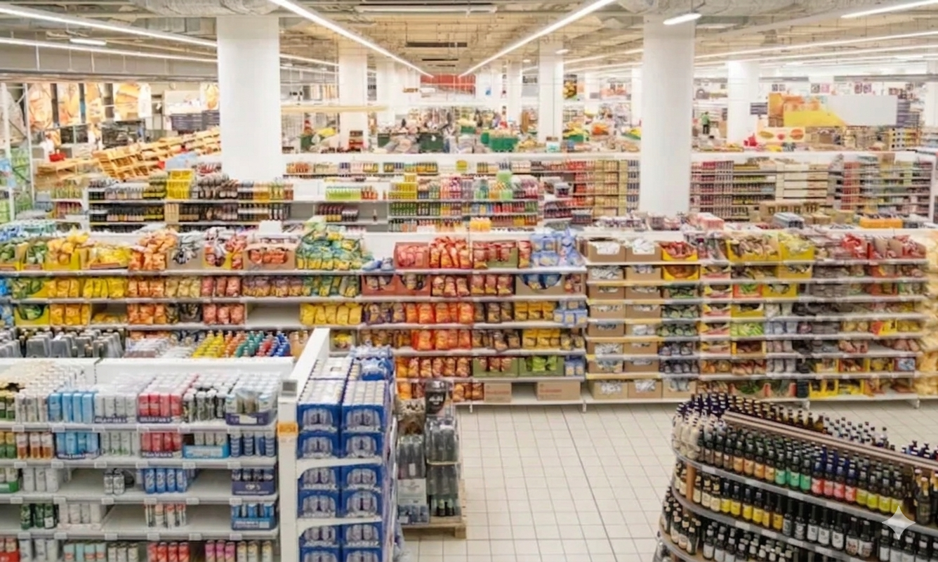 A wide-angle, high-perspective view of a brightly lit, modern grocery store aisle featuring organized shelves stocked with various consumer packaged goods, including snacks, beverages, and household staples.