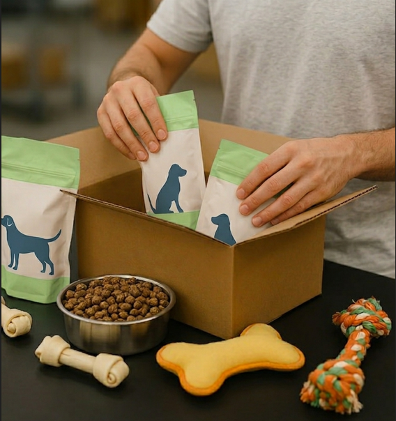 A person in a light grey t-shirt packing two light-green dog treat bags into a cardboard box on a black tabletop. Surrounding the box are various pet supplies, including a bowl of dog kibble, two rawhide bones, a yellow plush bone toy, and a colorful rope