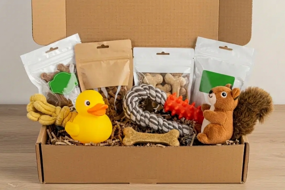 An open, unbranded cardboard pet subscription box filled with paper crinkle cut. Inside are generic clear and brown treat bags, a yellow rubber duck, a rope and rubber tug toy, and a plush squirrel toy. The box has no logos, and the packaging is blank, sit