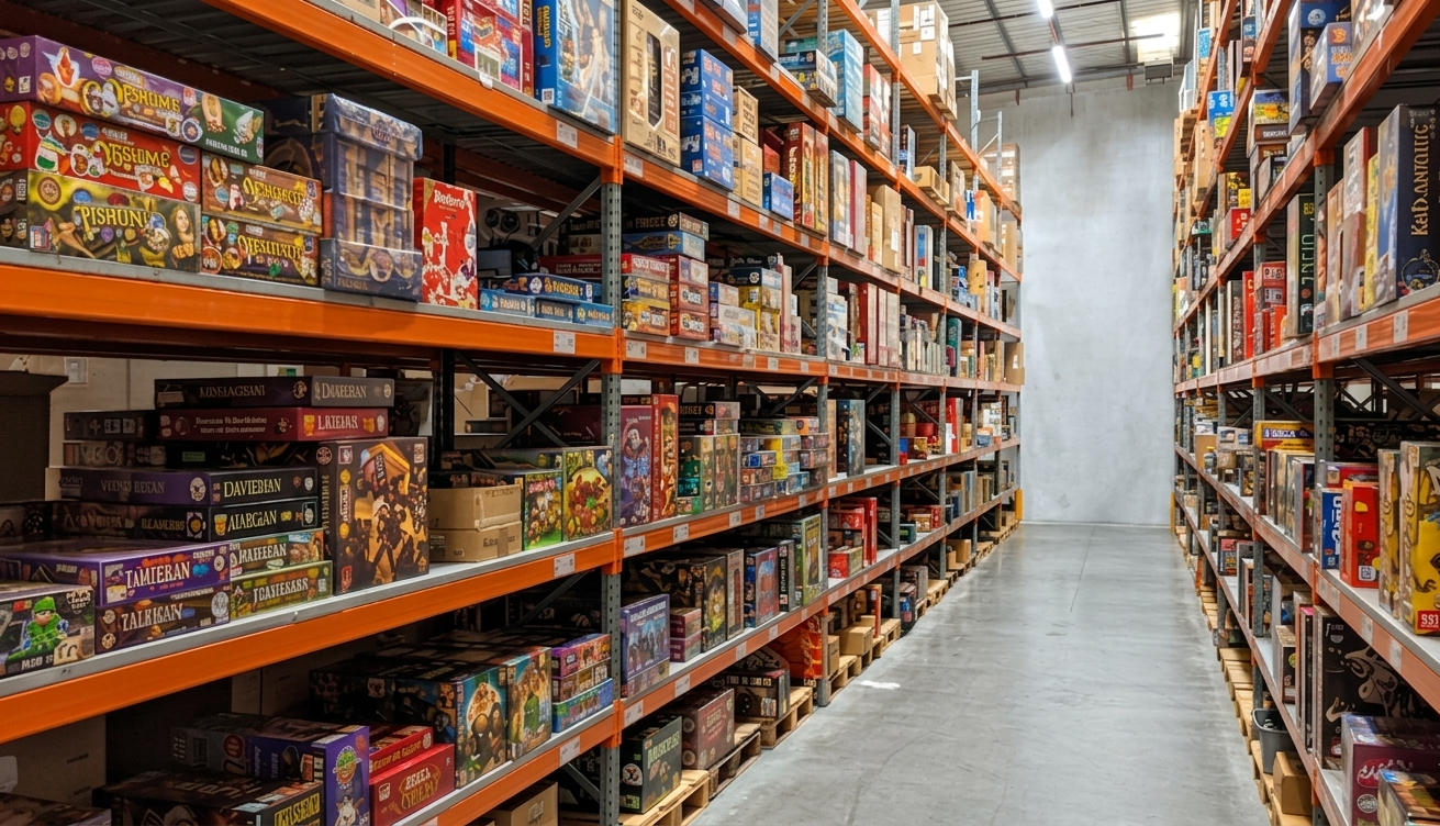 A bright, modern warehouse aisle featuring tall orange and grey industrial racking. The shelves are meticulously organized and filled with thousands of colorful boxed goods. The floor is clean concrete, and the space is illuminated by high-intensity, moder