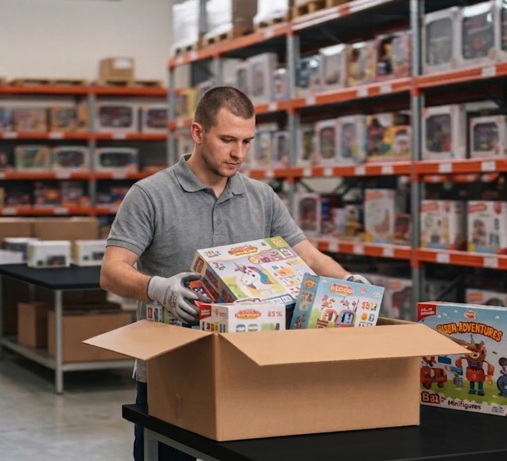 A warehouse worker in a plain grey polo shirt and safety gloves carefully packing colorful toy boxes into a large cardboard shipping carton. The packing station features sleek black tabletops, set against a background of high-density warehouse shelving fil