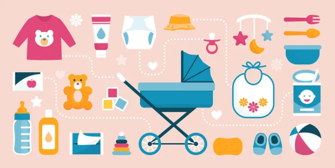 A flat-lay illustration of various baby products and toys, used to represent specialized 3PL fulfillment services for the baby and nursery industry. The graphic includes icons for strollers, diapers, apparel, and feeding accessories connected by dotted lin
