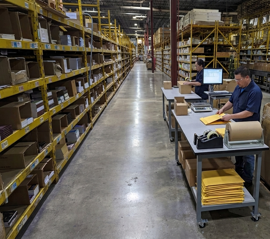Two 3PL warehouse employees packing books at organized order fulfillment workstations.