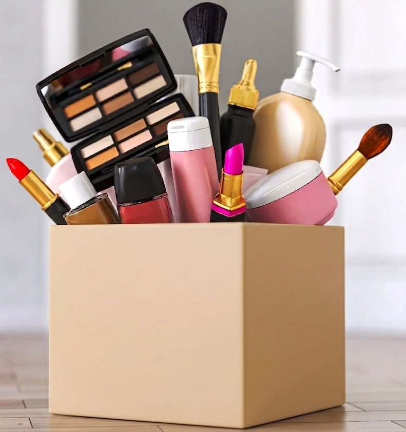 An open shipping box filled with premium cosmetics and beauty products, representing e-commerce order fulfillment services.