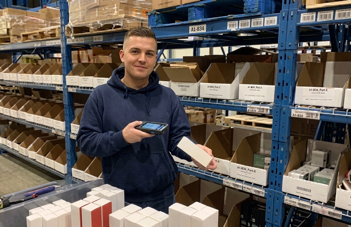 A smiling warehouse worker wearing a blue hoodie in a large fulfillment center, holding a handheld scanner and showing a packaged product, with extensive shelving rows filled with organized inventory bins in the background.